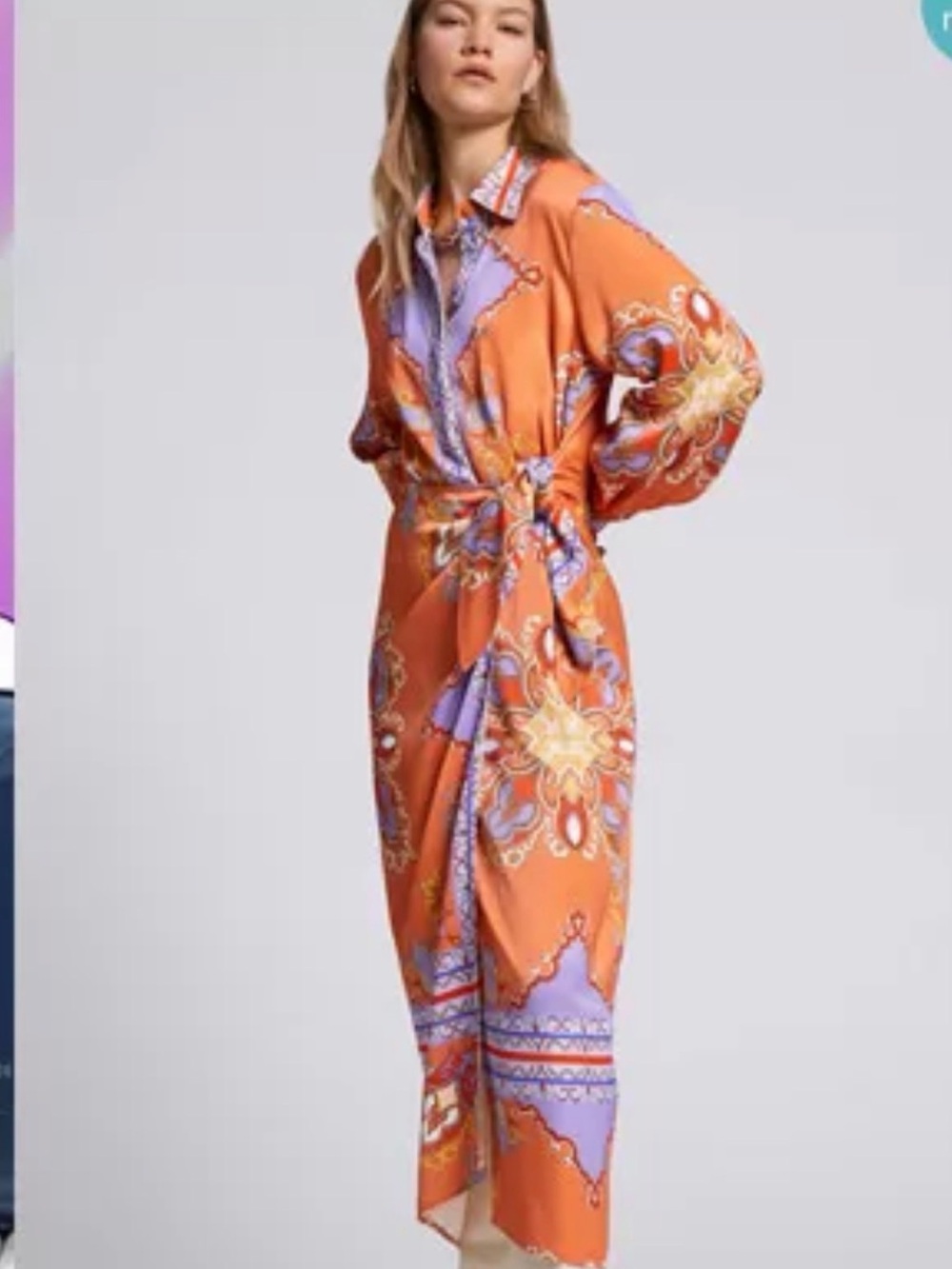 Orange & Lavender Printed Tie-Waist Midi Dress